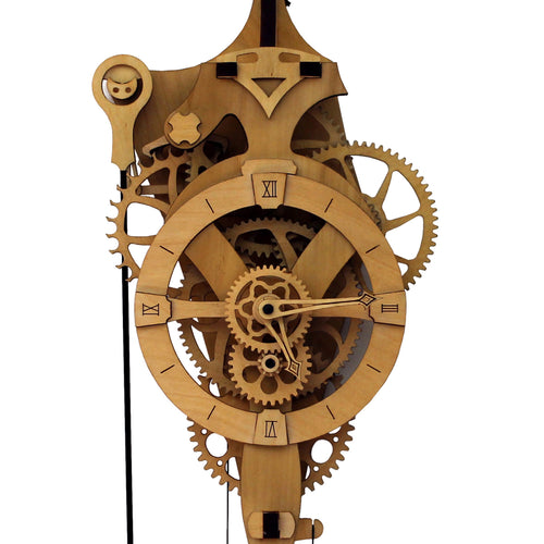 Front facing view of 'David' mechanical clock. Cropped to show head of clock & gears. It is displayed on a white background.
