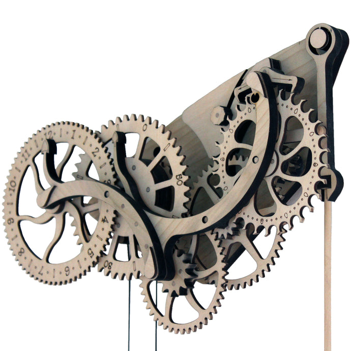 front facing view of clock head & gears on white background. Fully assembled.